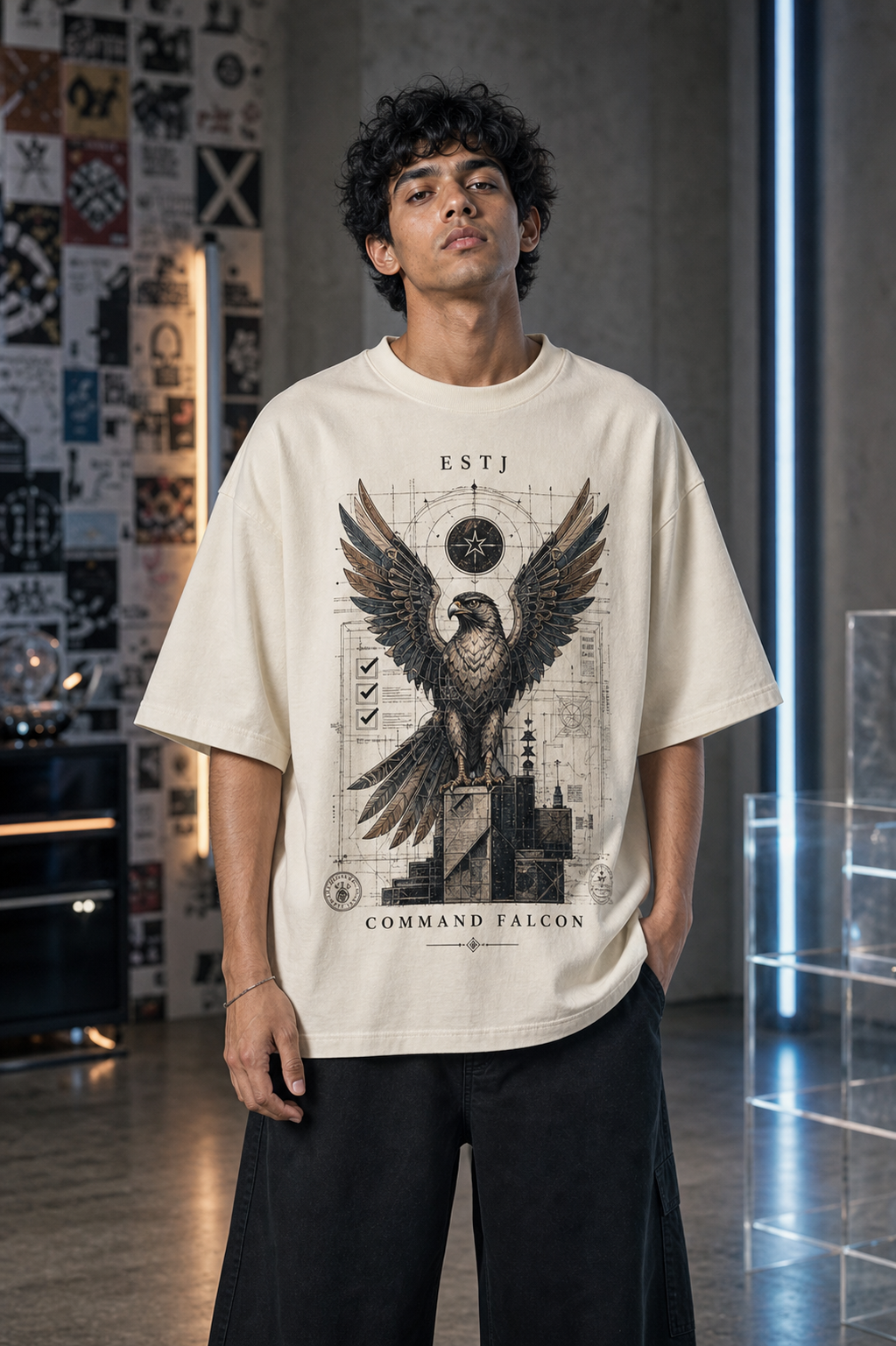 ESTJ Command Falcon main front view in Off White - oversized 240 GSM French Terry t-shirt