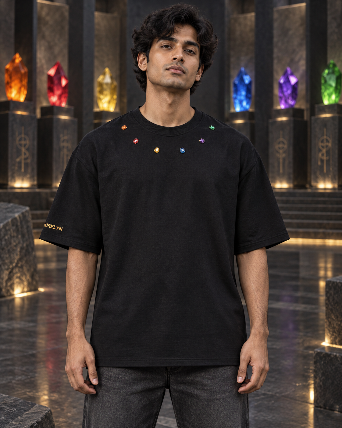 Cosmic Code Infinity Stones — Black — Curved row — oversized styling #Color_Black#Stone design_Curved row