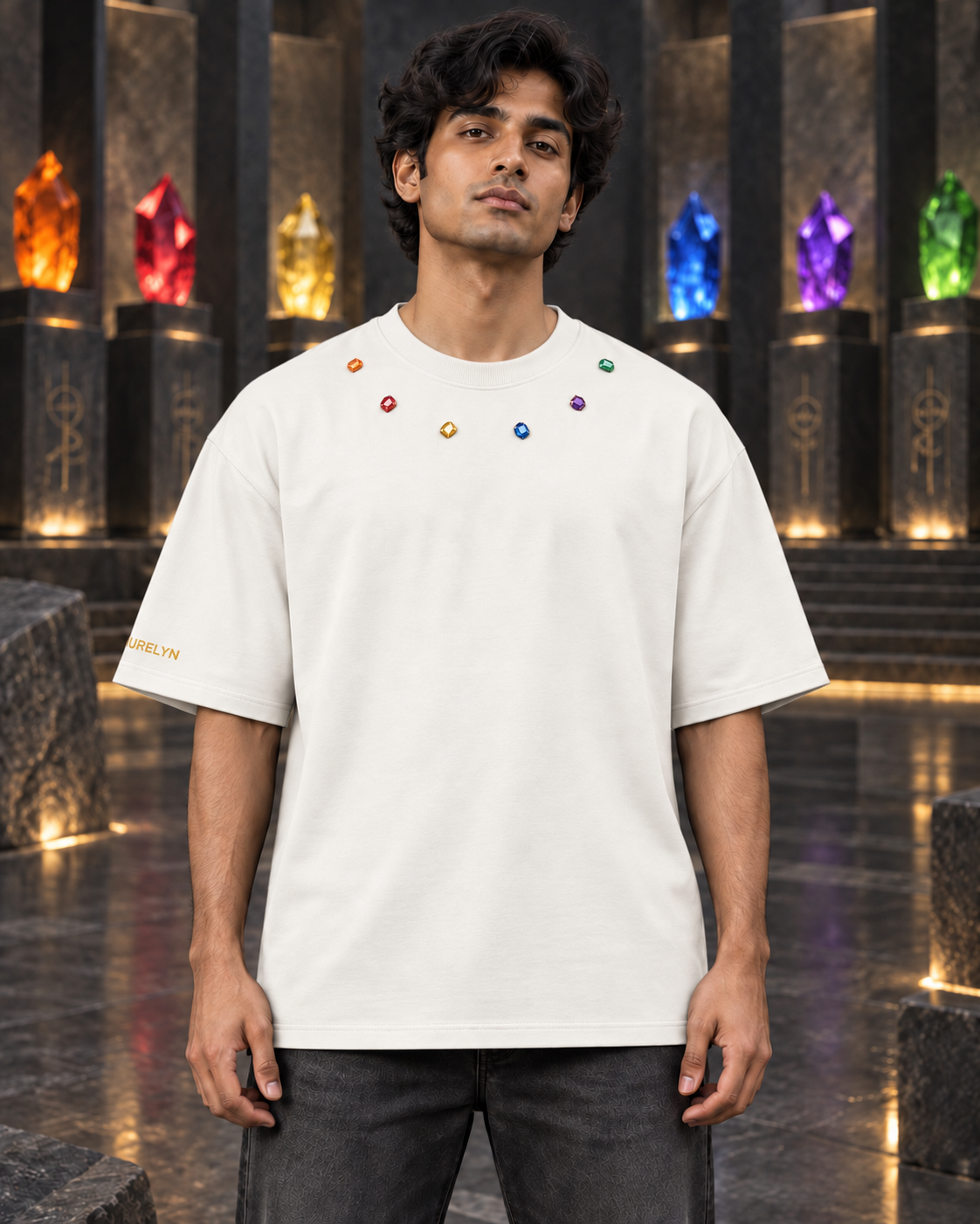 Cosmic Code Infinity Stones — Off White — Curved row — oversized styling #Color_Off White#Stone design_Curved row