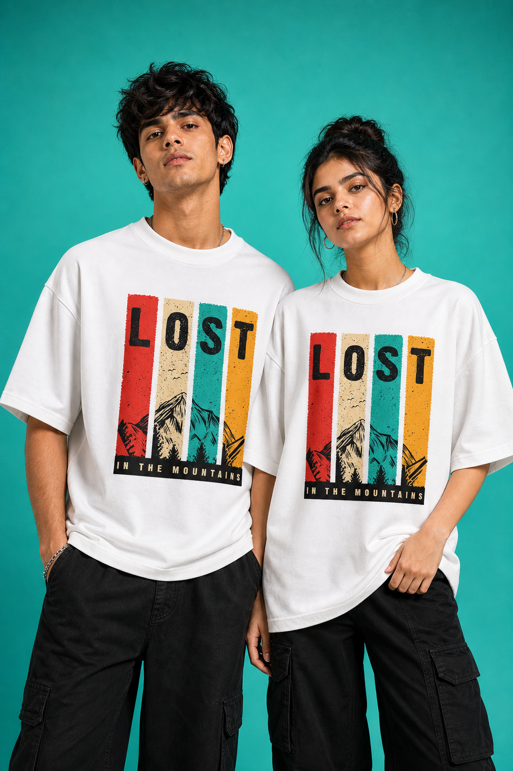 Lost In The Mountains Unisex Oversized Tee in white - couple