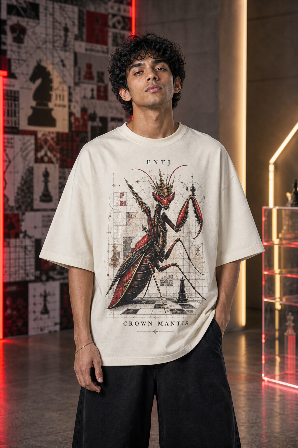ENTJ Crown Mantis main front view in Off White - oversized 240 GSM French Terry t-shirt