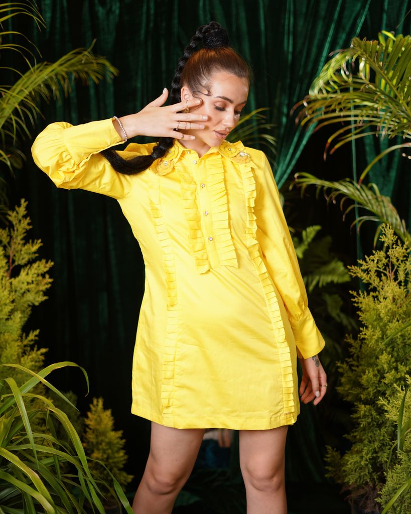 Yellow cotton pleated dress with embroidered flowers – photo 2