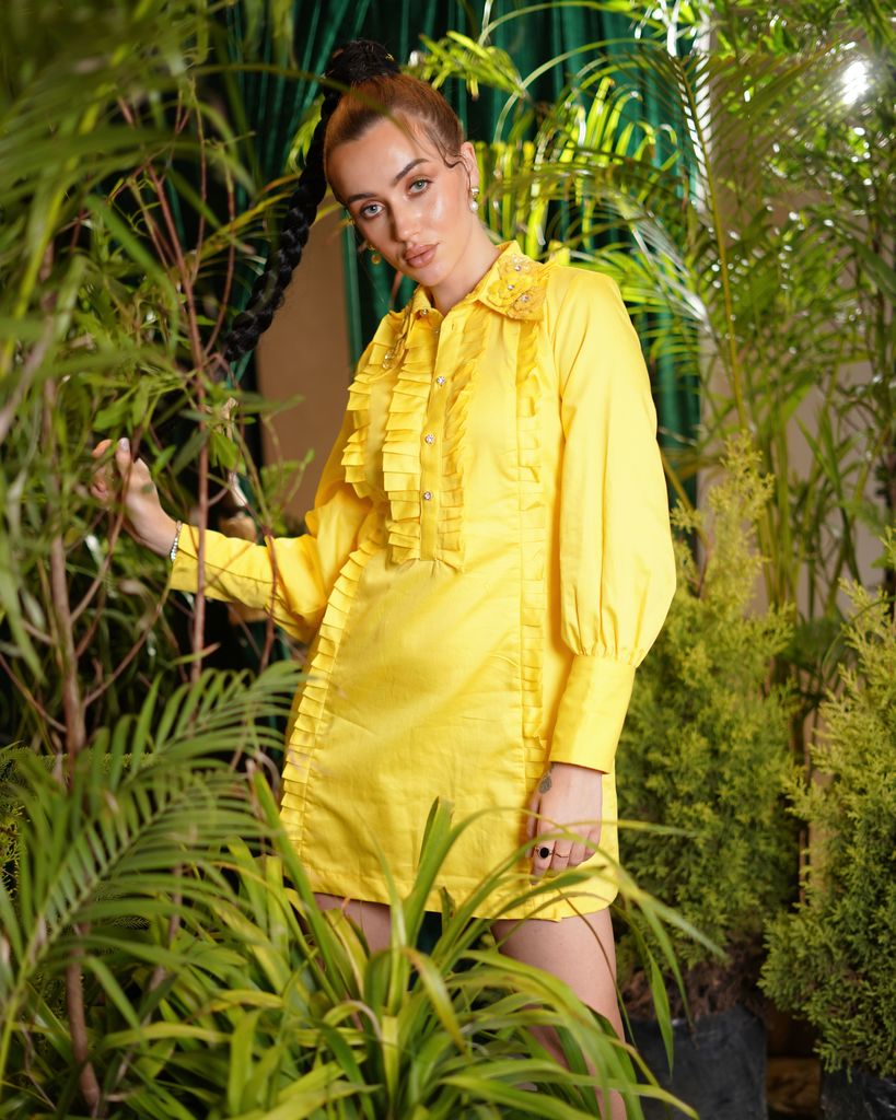 Yellow cotton pleated dress with embroidered flowers – photo 5