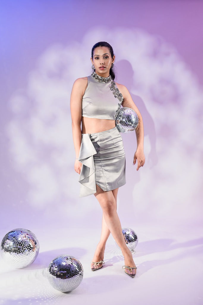 Grey Hand Embroidered Crop Top & Skirt Set – photo 1
