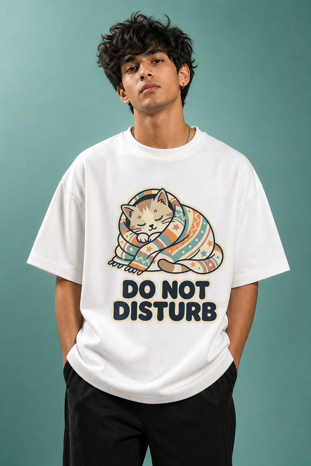 Do Not Disturb Cat Unisex Oversized Tee in white - male model