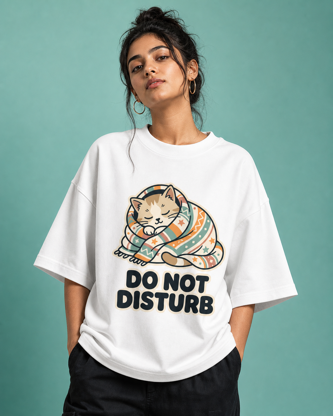 Do Not Disturb Cat Unisex Oversized Tee in white - female model