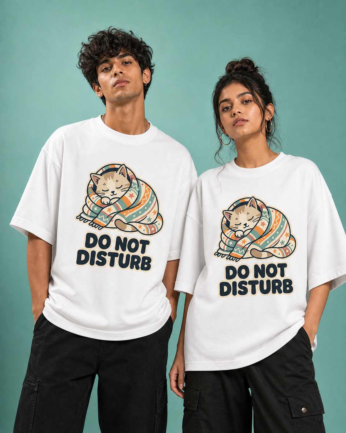 Do Not Disturb Cat Unisex Oversized Tee in white - couple