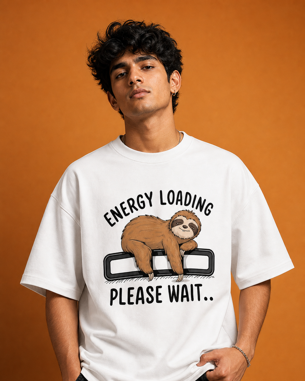 Energy Loading Please Wait Unisex Oversized Tee in white - male model