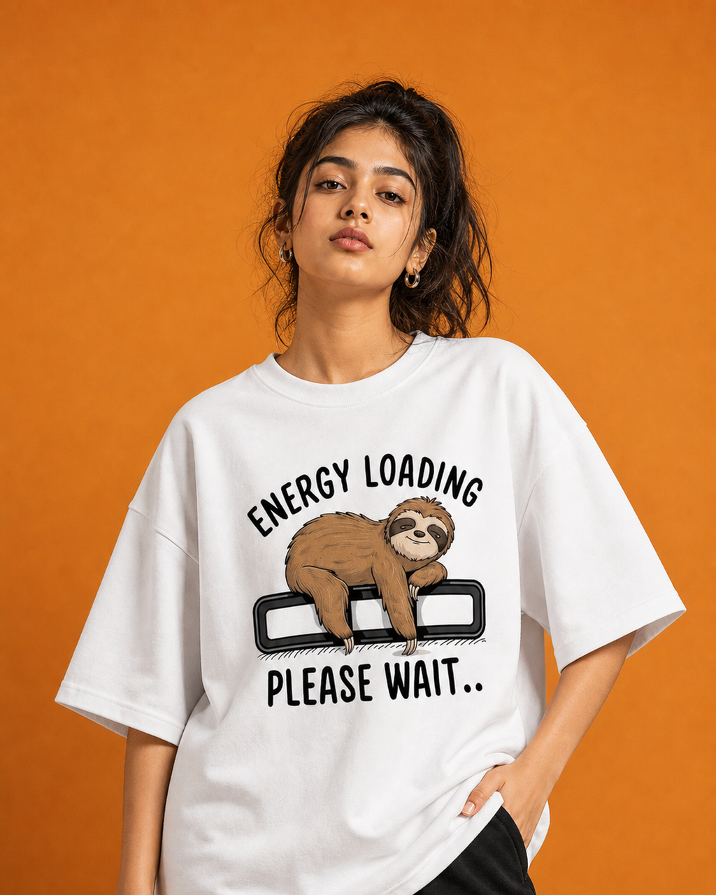 Energy Loading Please Wait Unisex Oversized Tee in white - female model