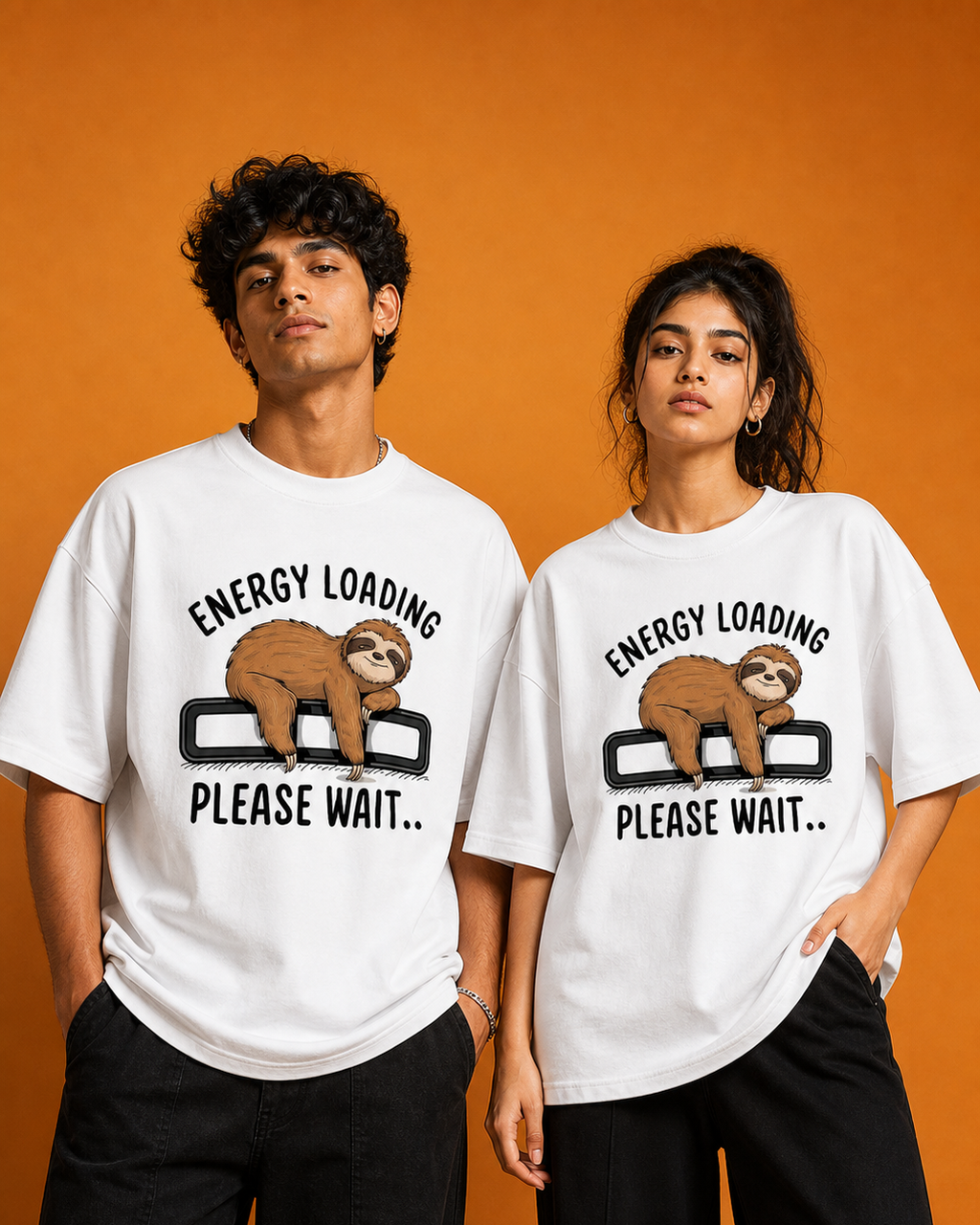 Energy Loading Please Wait Unisex Oversized Tee in white - couple