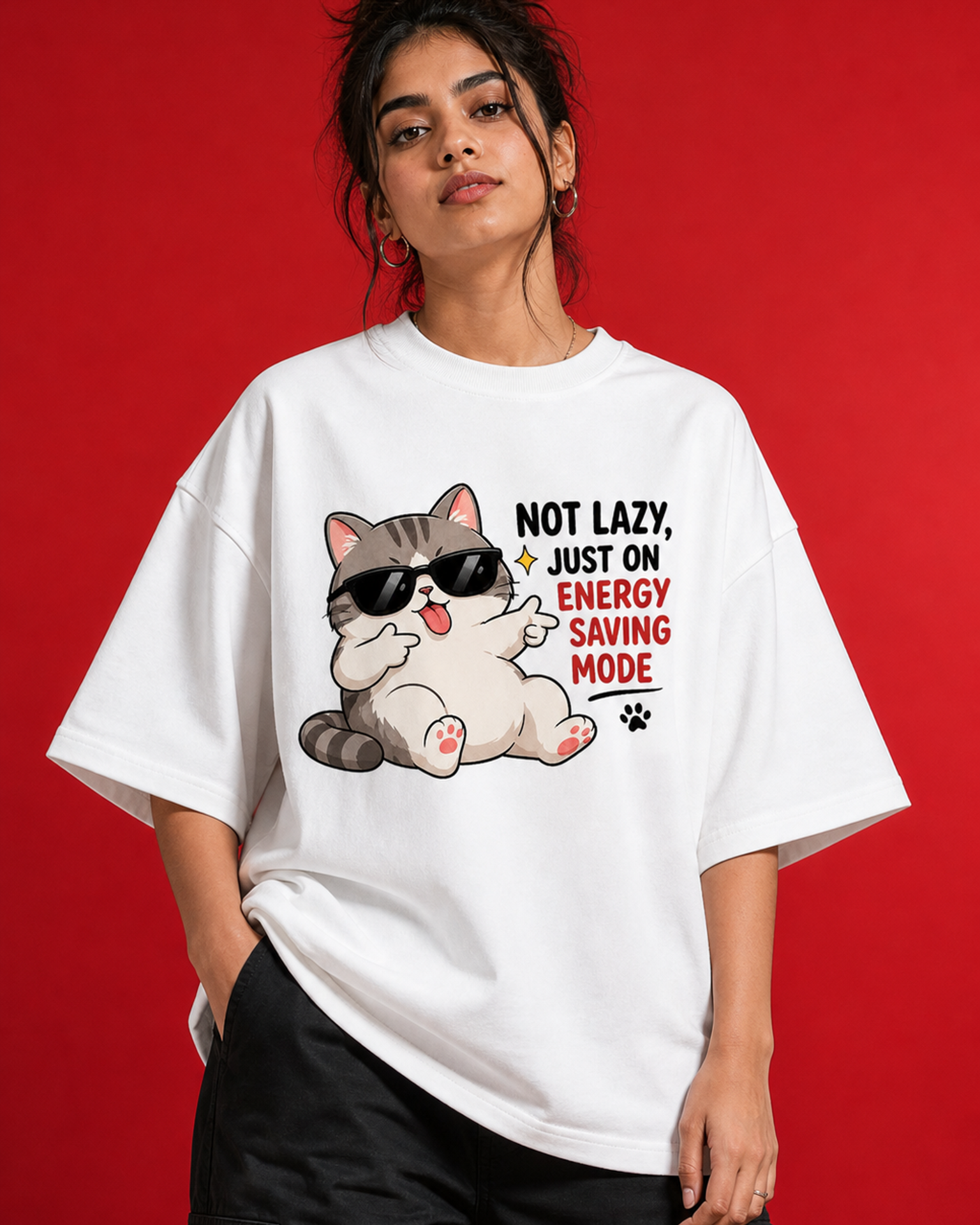 Energy Saving Mode Unisex Oversized Tee in white - female model