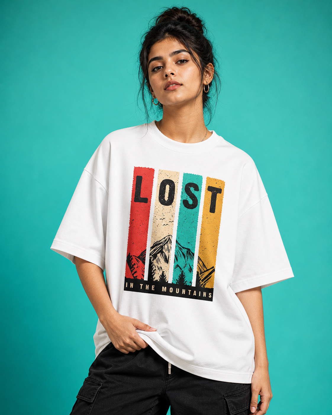 Lost In The Mountains Unisex Oversized Tee in white - female model