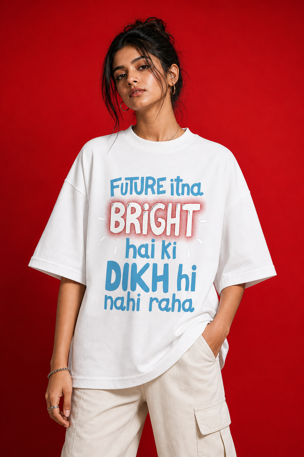 Future Itna Bright Unisex Oversized Tee in white - female model