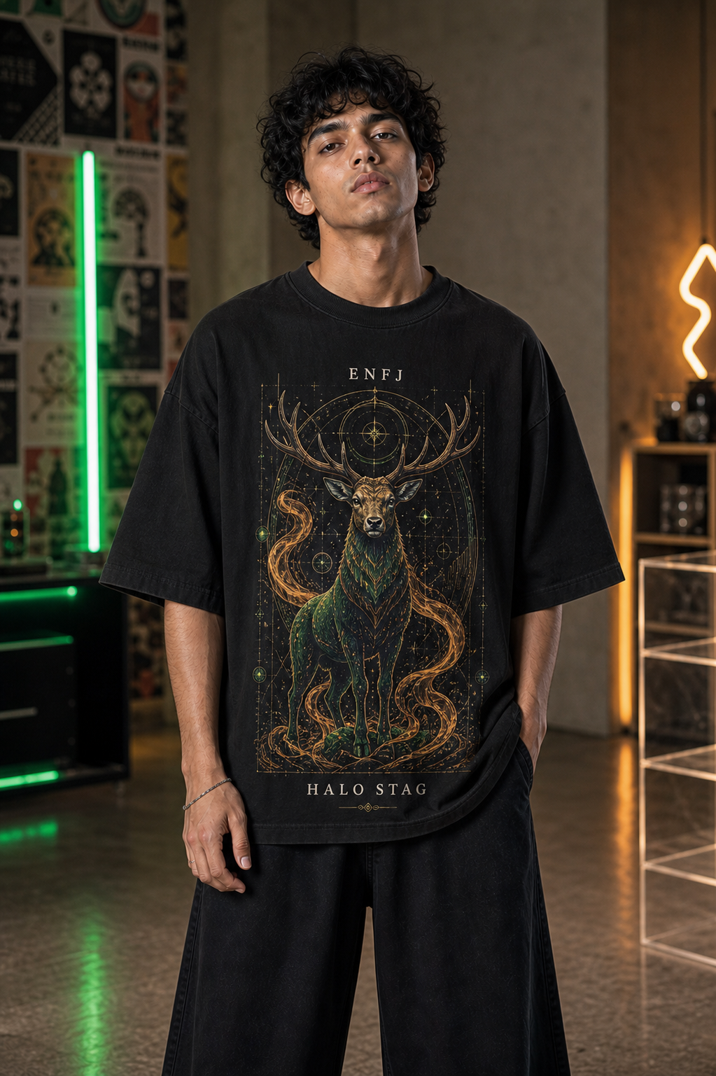 ENFJ Halo Stag main front view in Black - oversized 240 GSM French Terry t-shirt