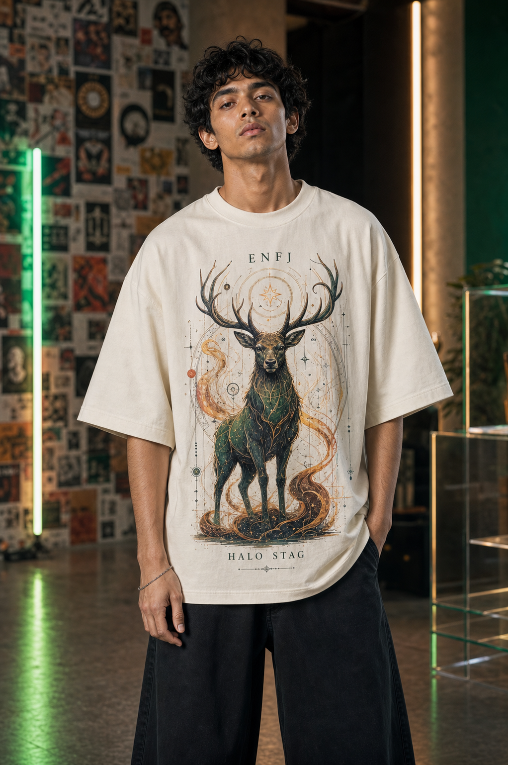 ENFJ Halo Stag main front view in Off White - oversized 240 GSM French Terry t-shirt