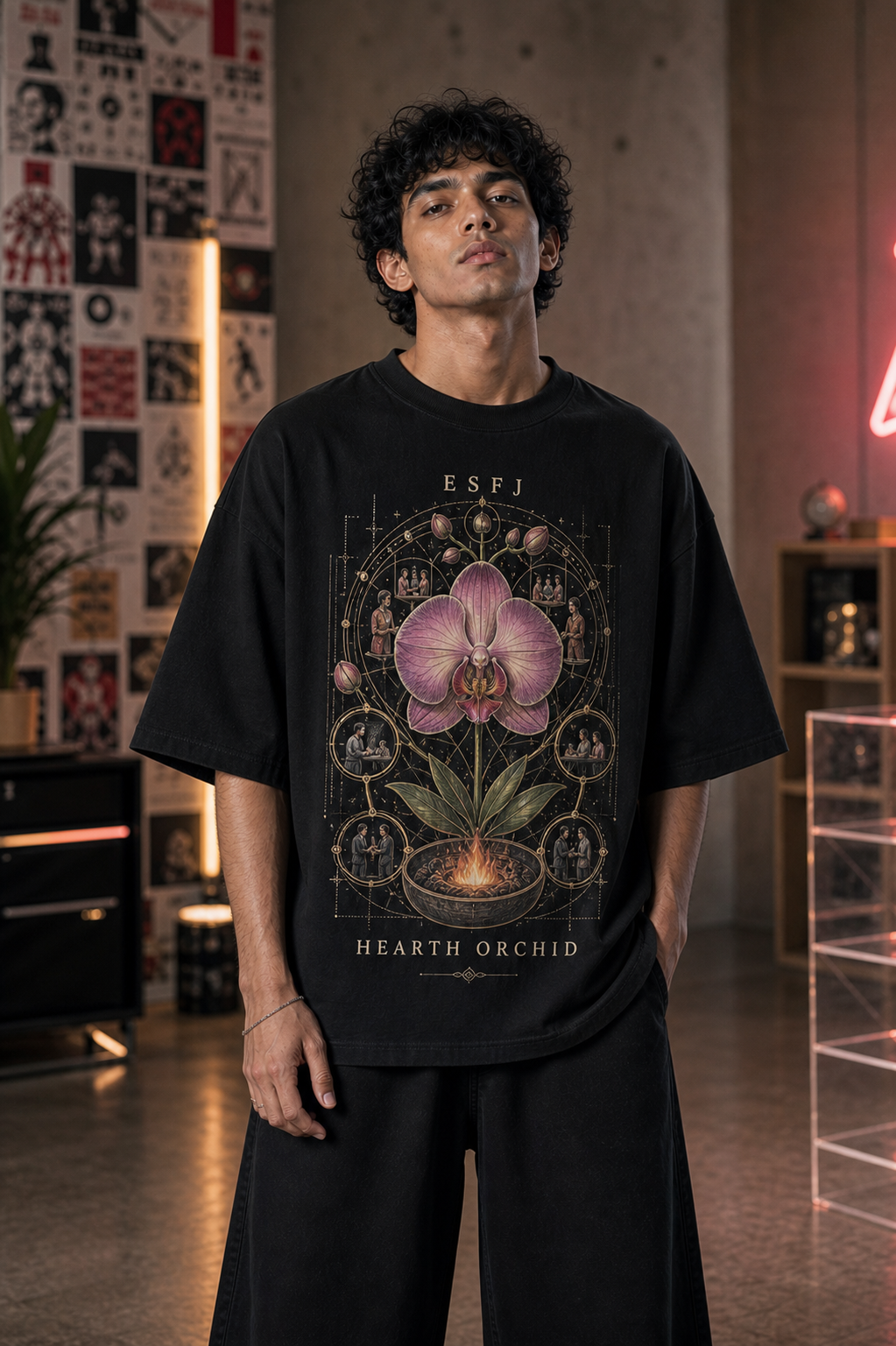 ESFJ Hearth Orchid main front view in Black - oversized 240 GSM French Terry t-shirt