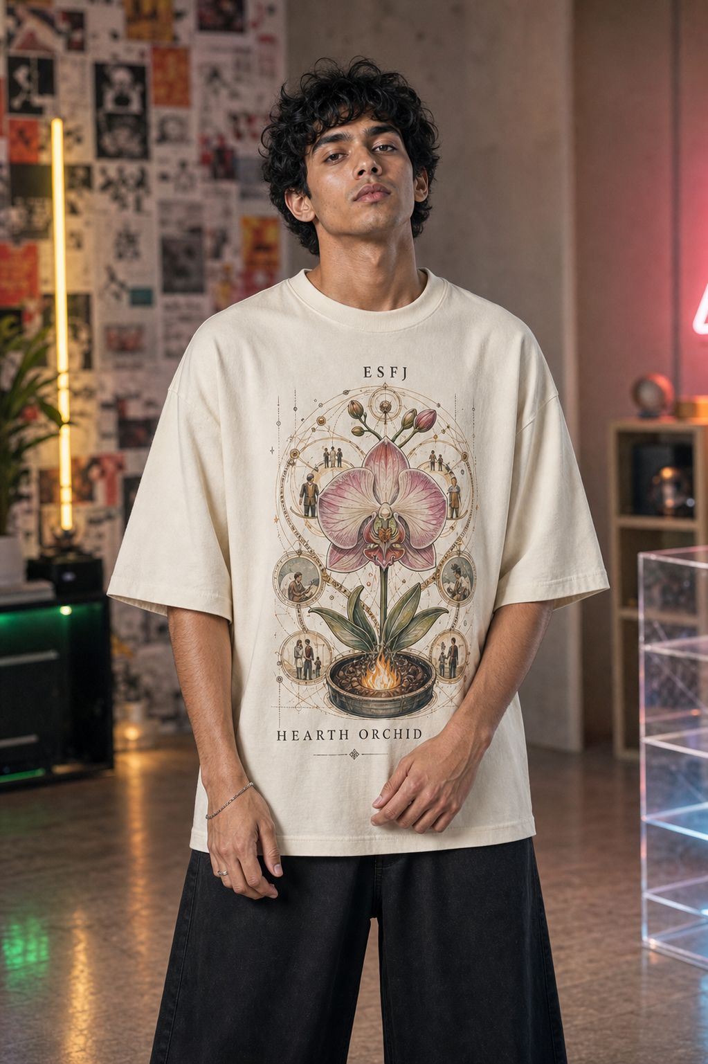 ESFJ Hearth Orchid main front view in Off White - oversized 240 GSM French Terry t-shirt