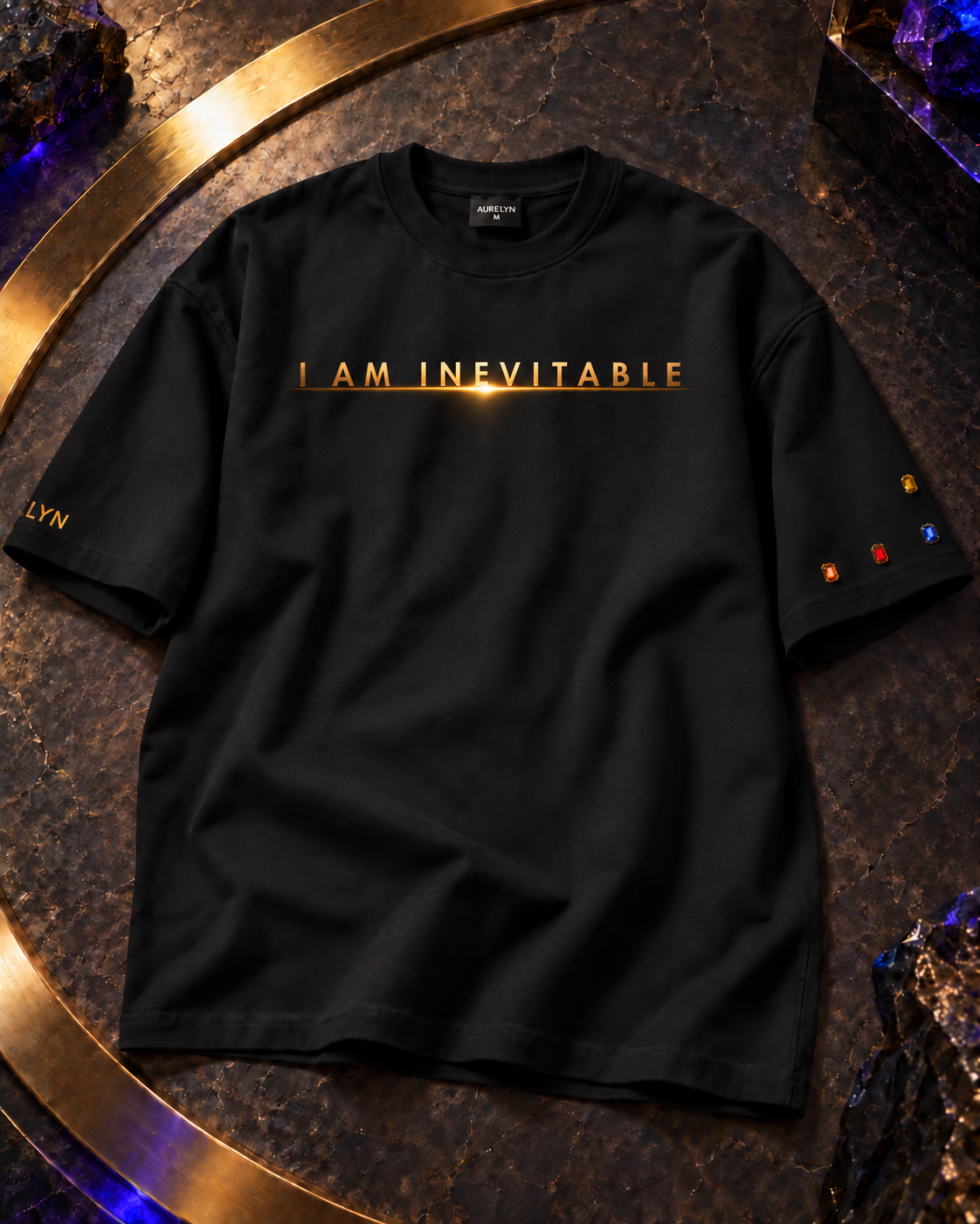 I Am Inevitable Sleeve Stones — Black — Raised centre — product view #Color_Black#Stone design_Raised centre