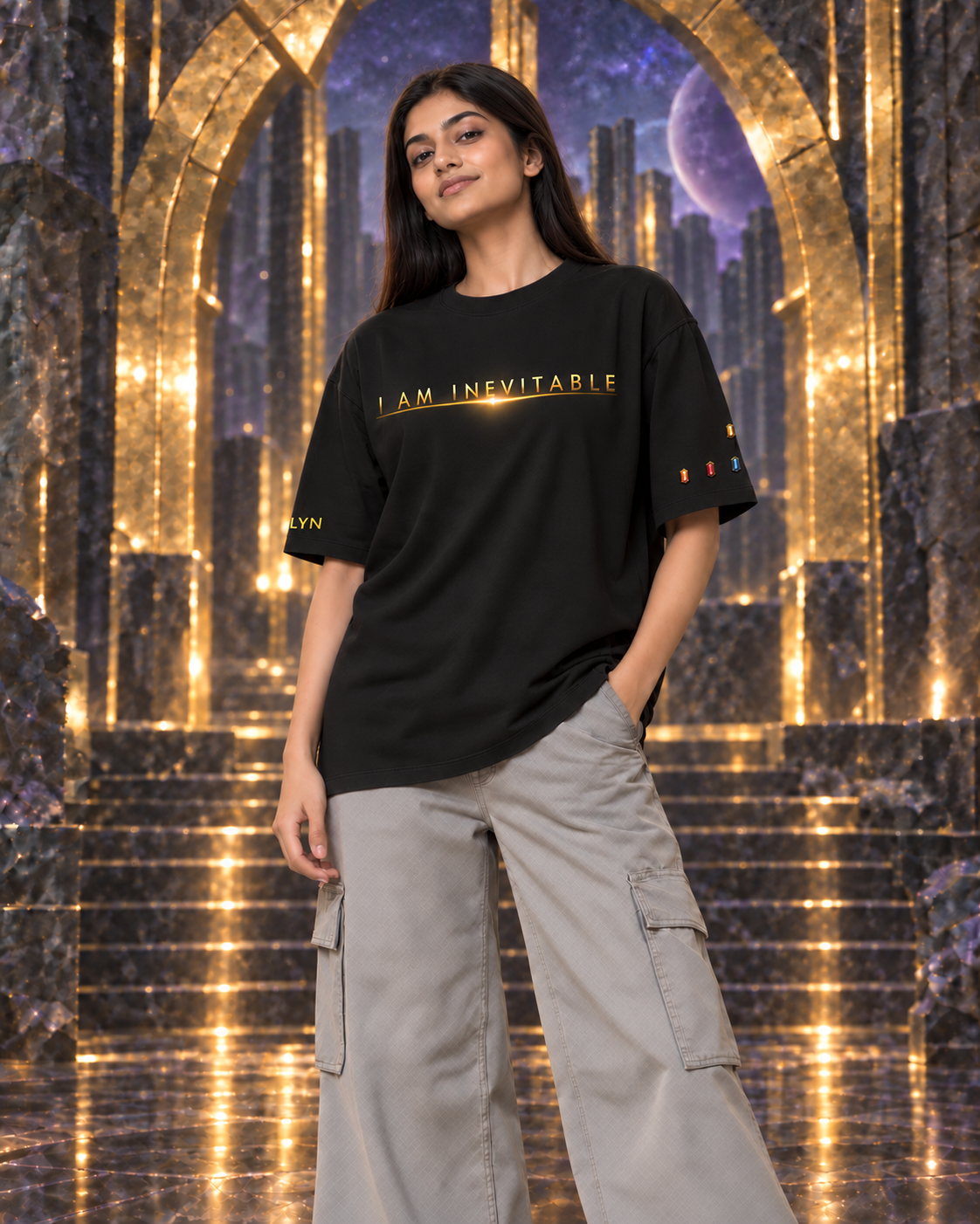 I Am Inevitable Sleeve Stones — Black — Raised centre — oversized styling #Color_Black#Stone design_Raised centre