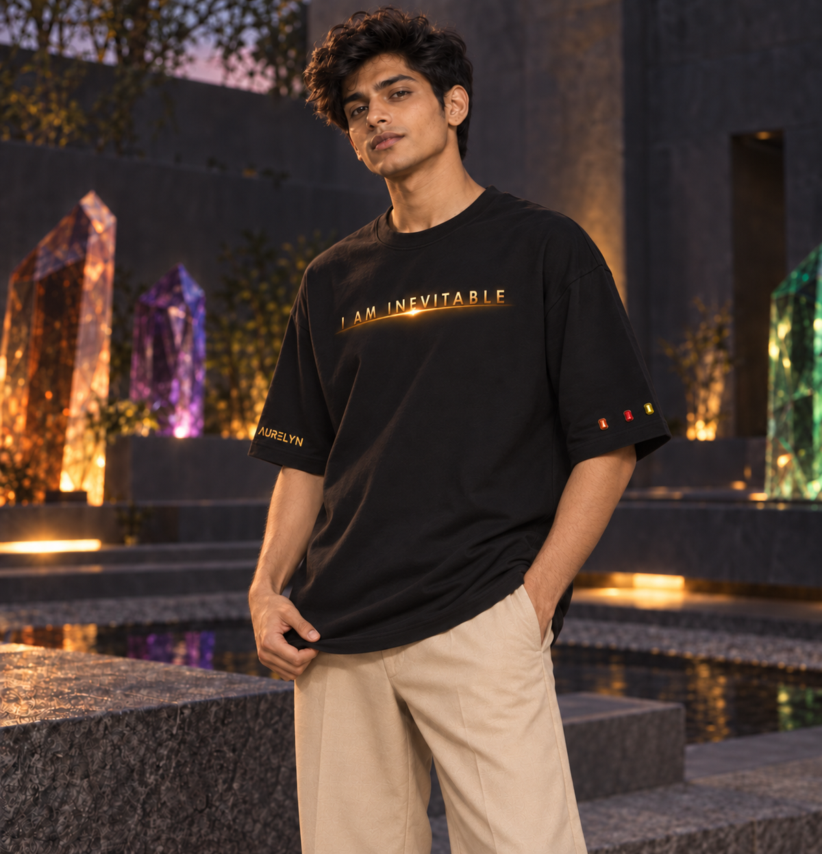 I Am Inevitable Sleeve Stones — Black — Straight row — oversized styling #Color_Black#Stone design_Straight row