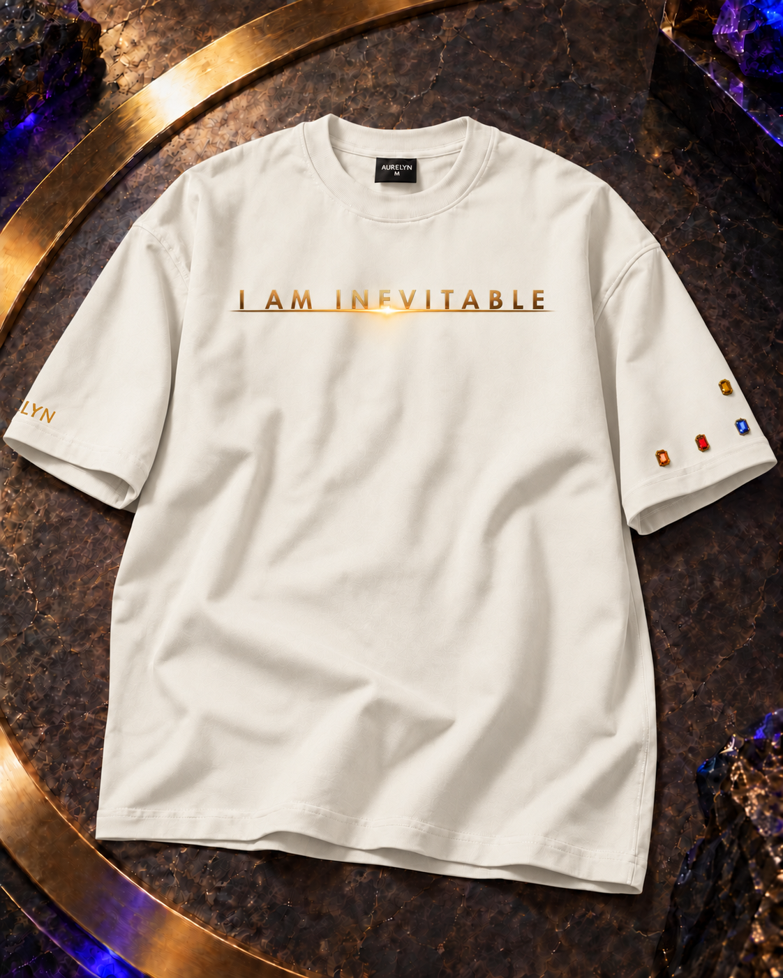 I Am Inevitable Sleeve Stones — Off White — Raised centre — product view #Color_Off White#Stone design_Raised centre