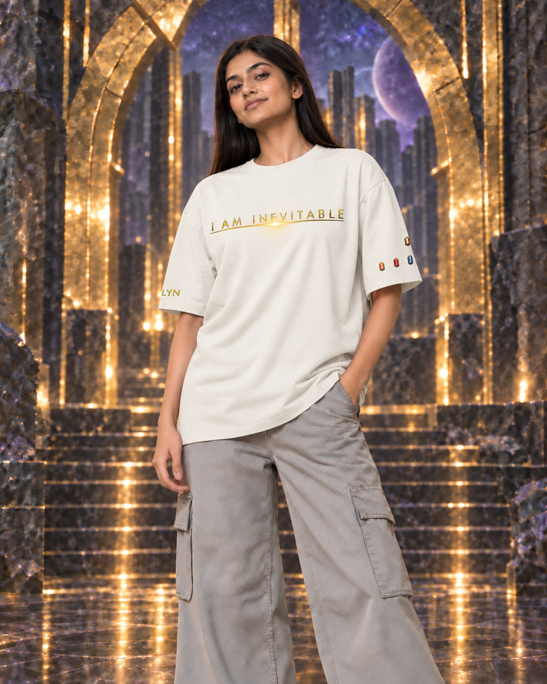 I Am Inevitable Sleeve Stones — Off White — Raised centre — oversized styling #Color_Off White#Stone design_Raised centre