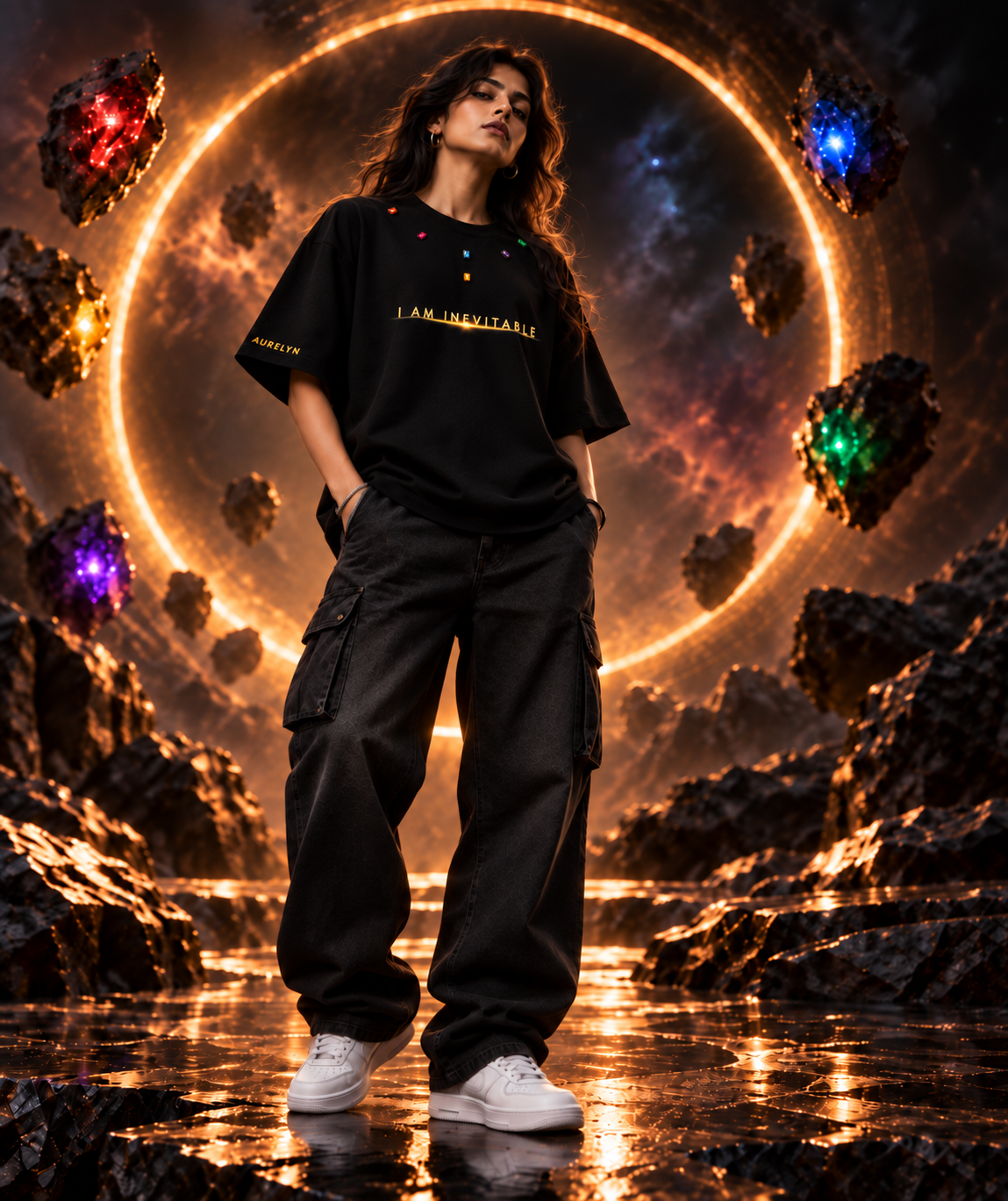 Model wearing the Black Inevitable Reign stone tee