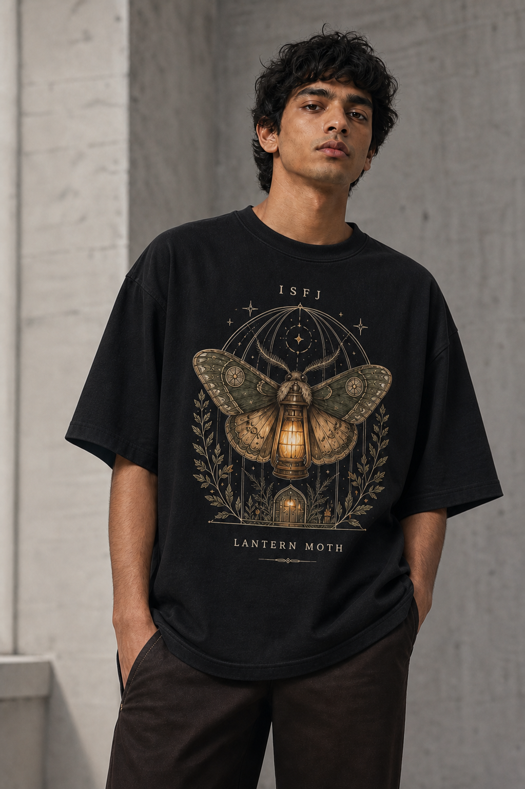 ISFJ Lantern Moth main front view in Black - oversized 240 GSM French Terry t-shirt