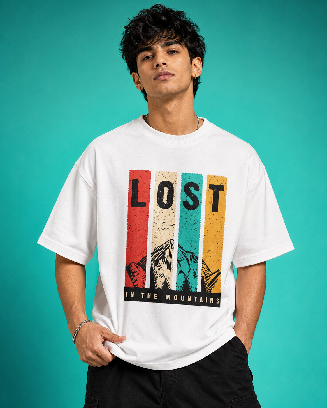 Lost In The Mountains Unisex Oversized Tee in white - male model