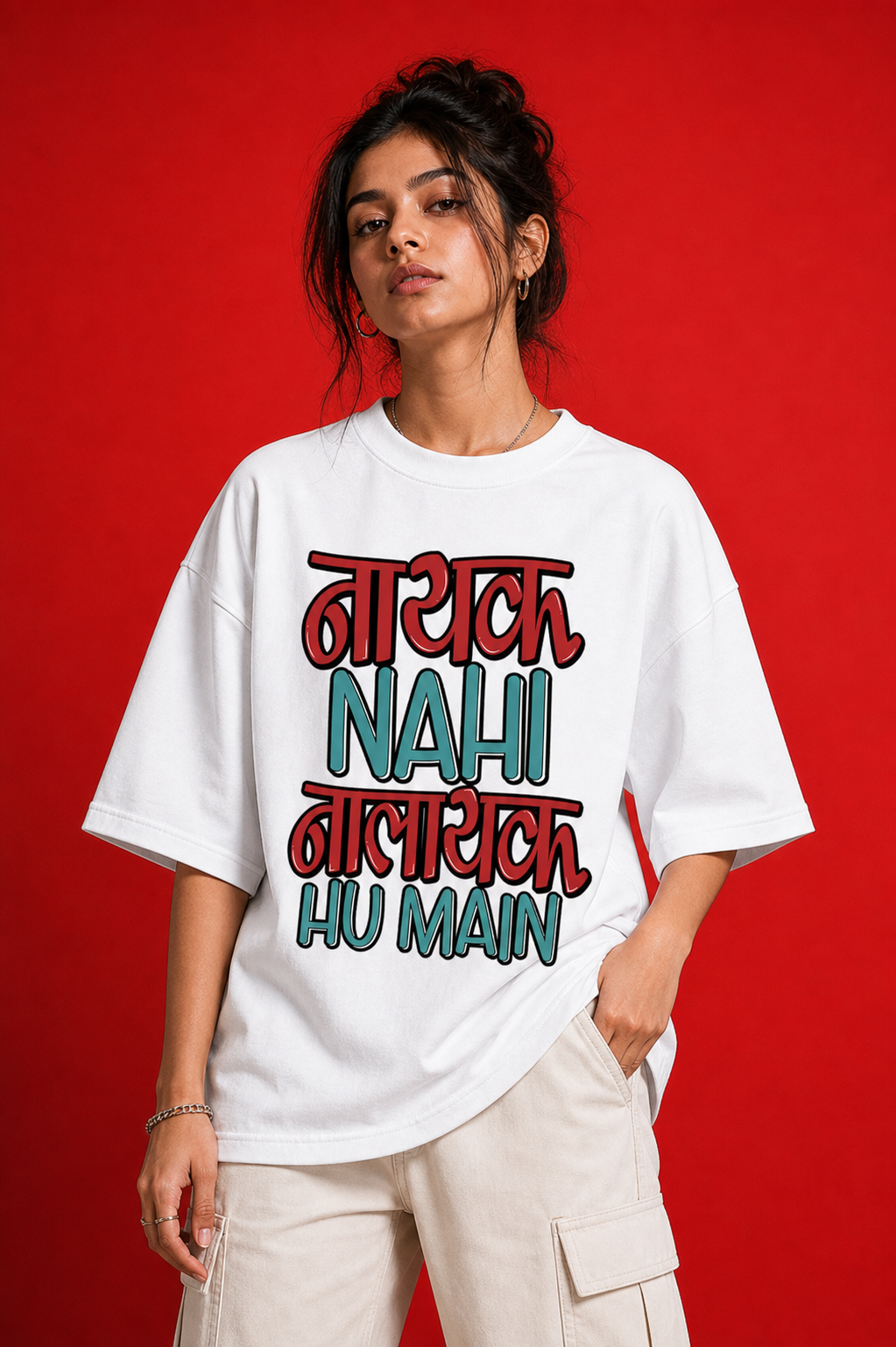 Nayak Nahi Nalayak Hu Main Unisex Oversized Tee in white - female model