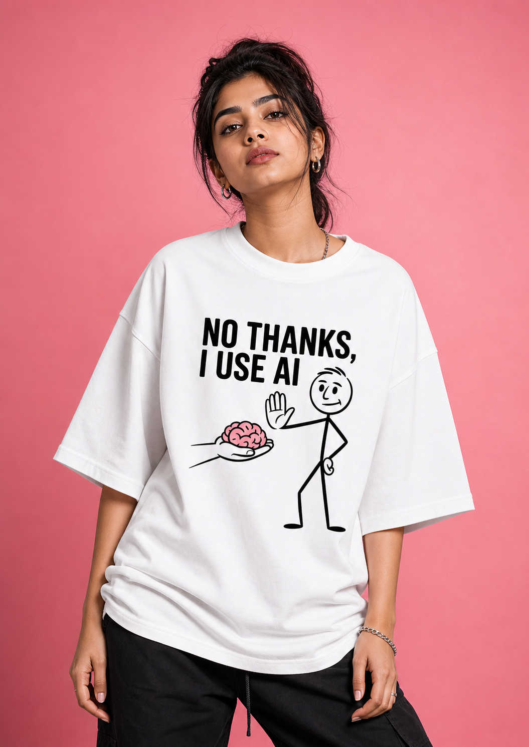 No Thanks I Use AI Unisex Oversized Tee in white - female model