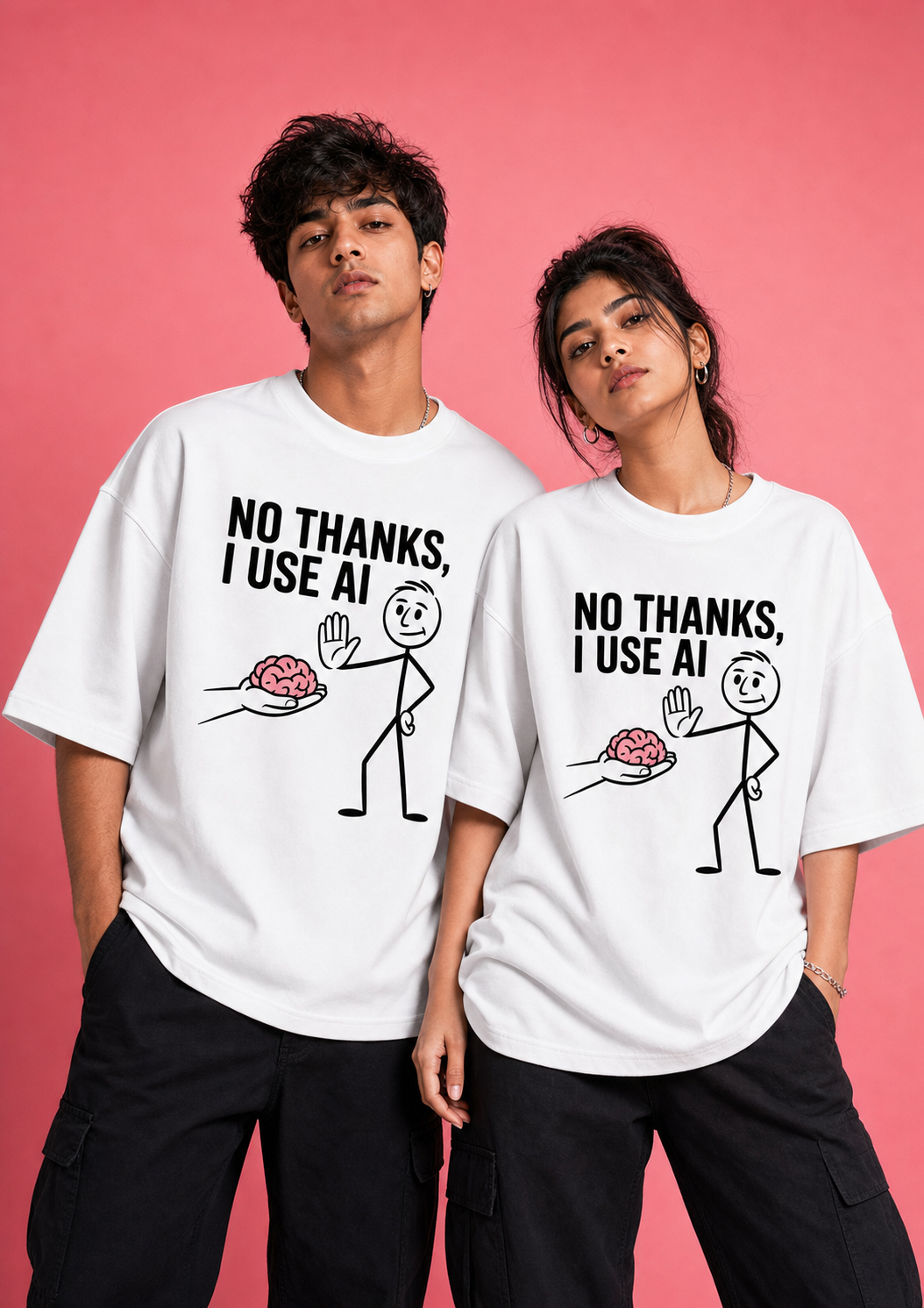 No Thanks I Use AI Unisex Oversized Tee in white - couple