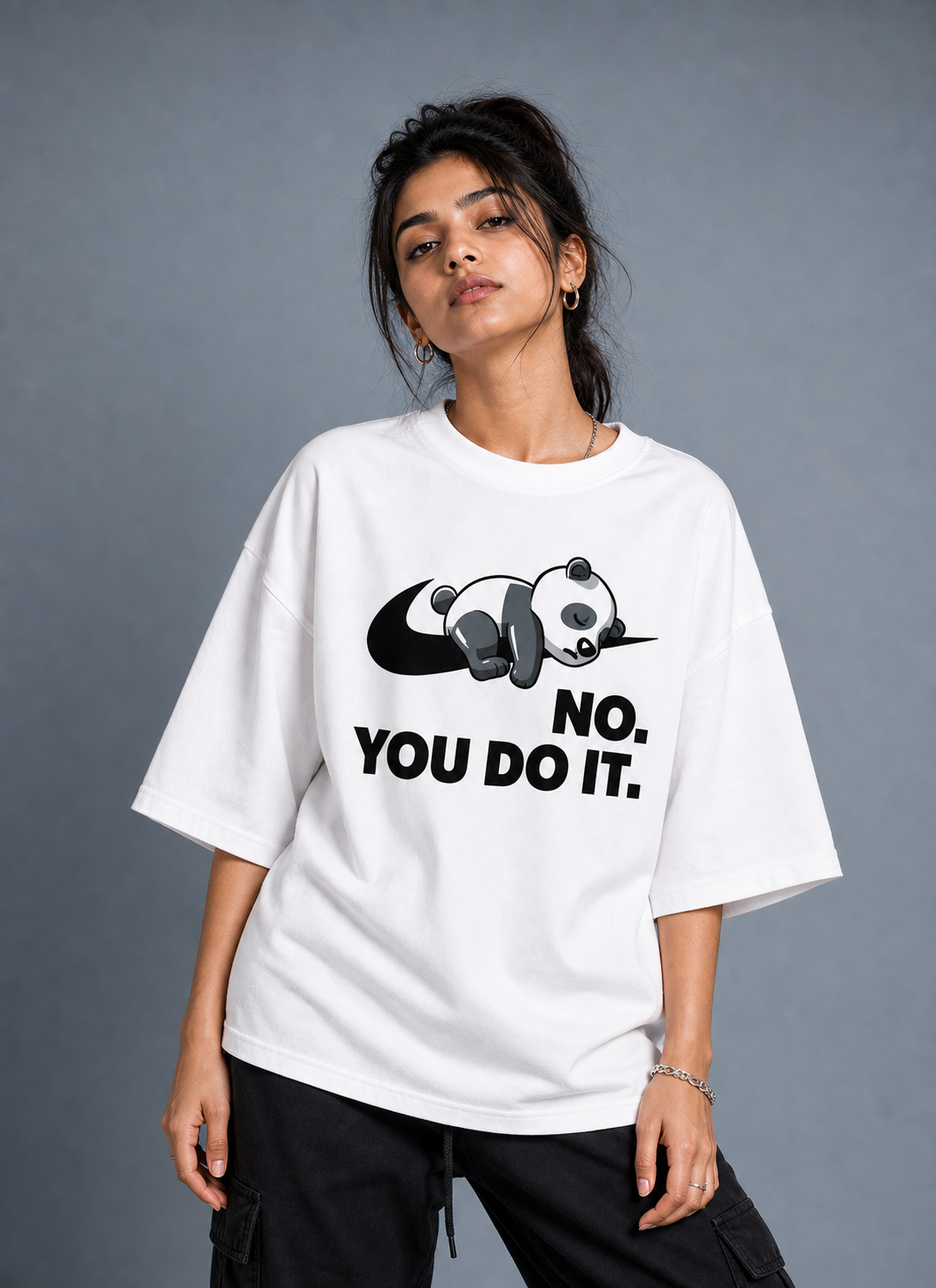 No You Do It Unisex Oversized Tee in white - female model
