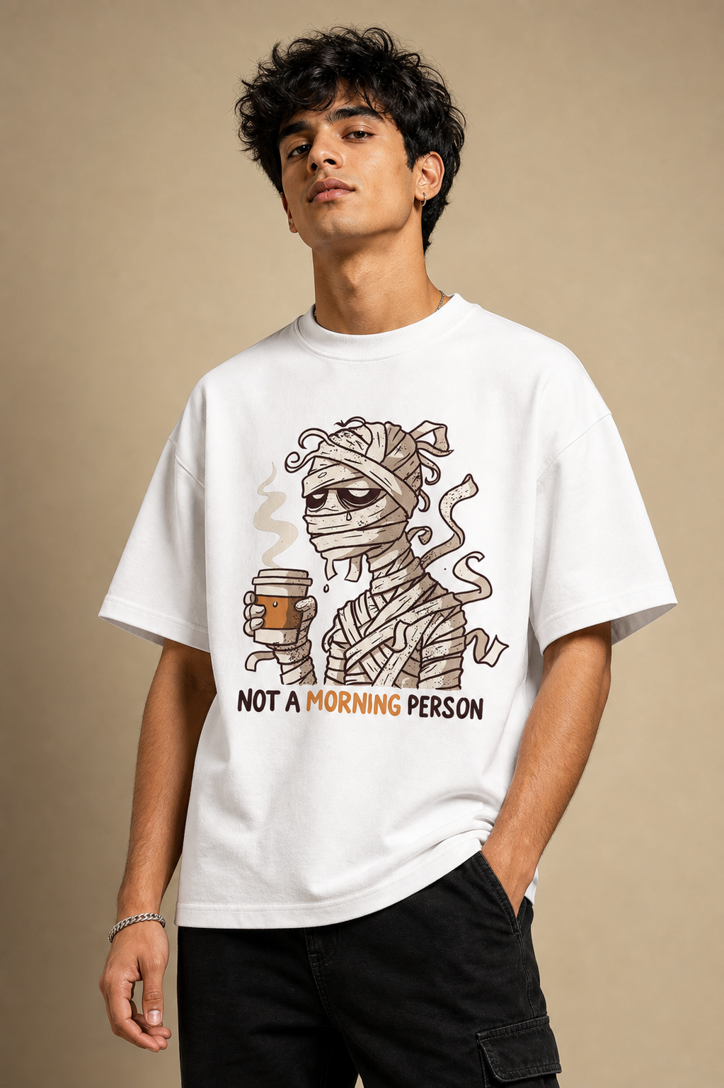 Not A Morning Person Unisex Oversized Tee in white - male model