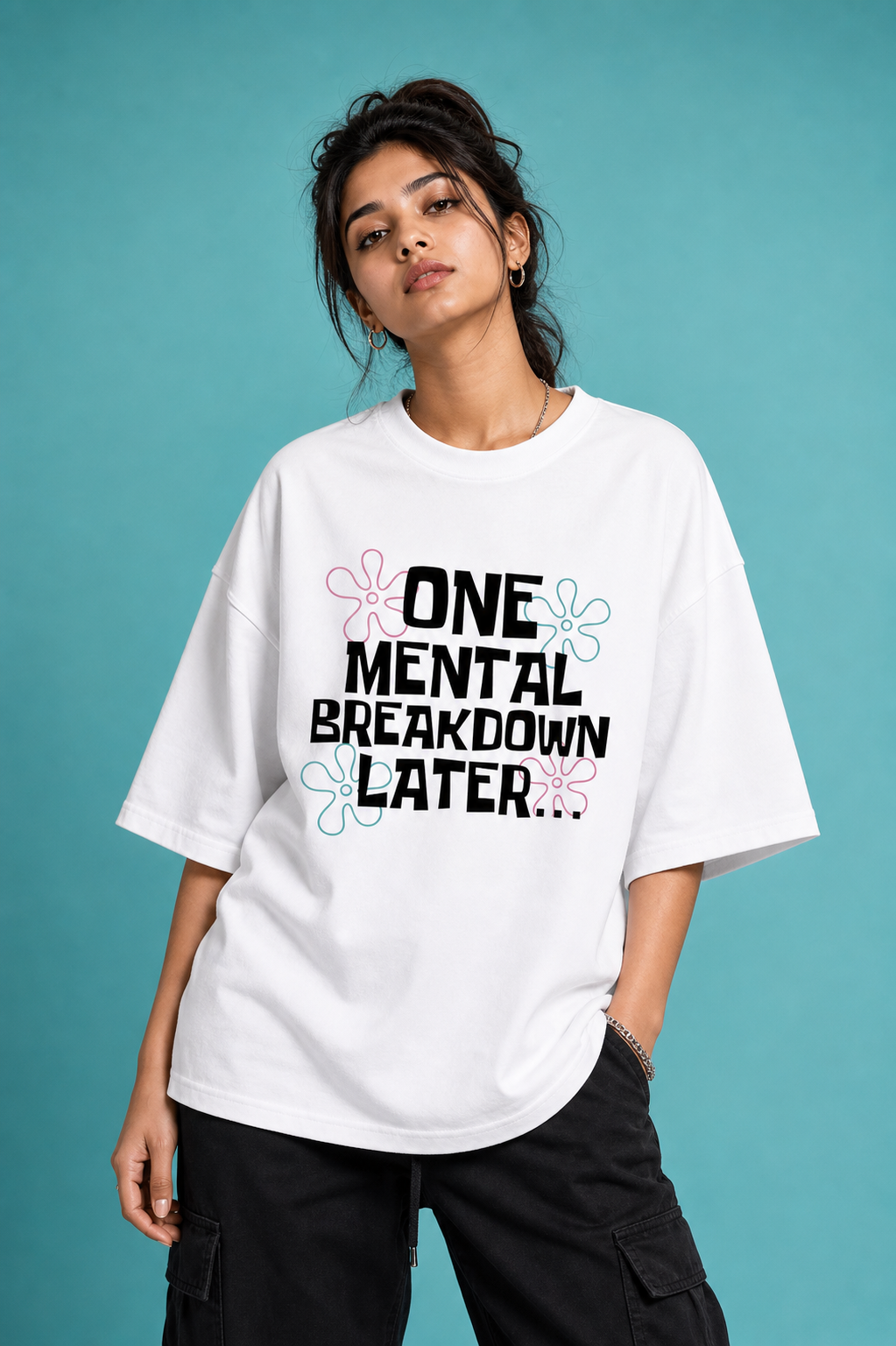 One Mental Breakdown Later Unisex Oversized Tee in white - female model