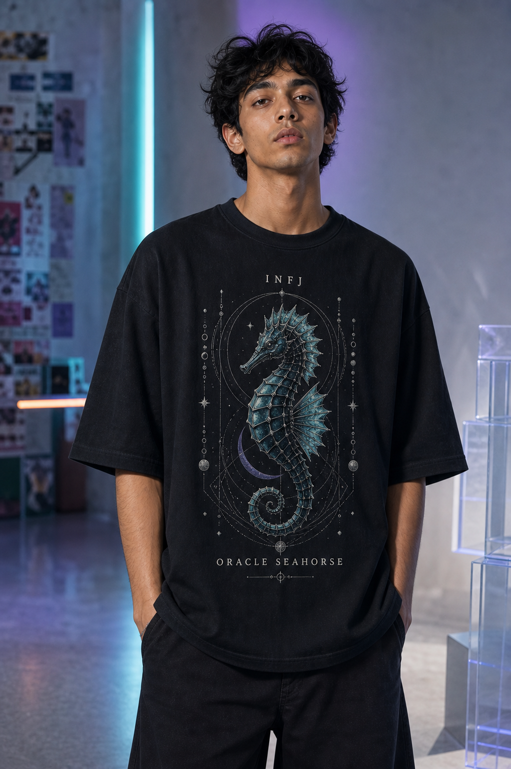 INFJ Oracle Seahorse main front view in Black - oversized 240 GSM French Terry t-shirt