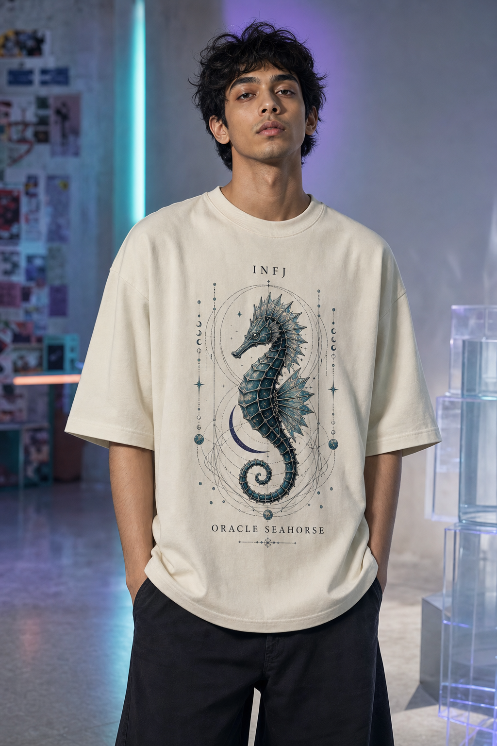 INFJ Oracle Seahorse main front view in Off White - oversized 240 GSM French Terry t-shirt