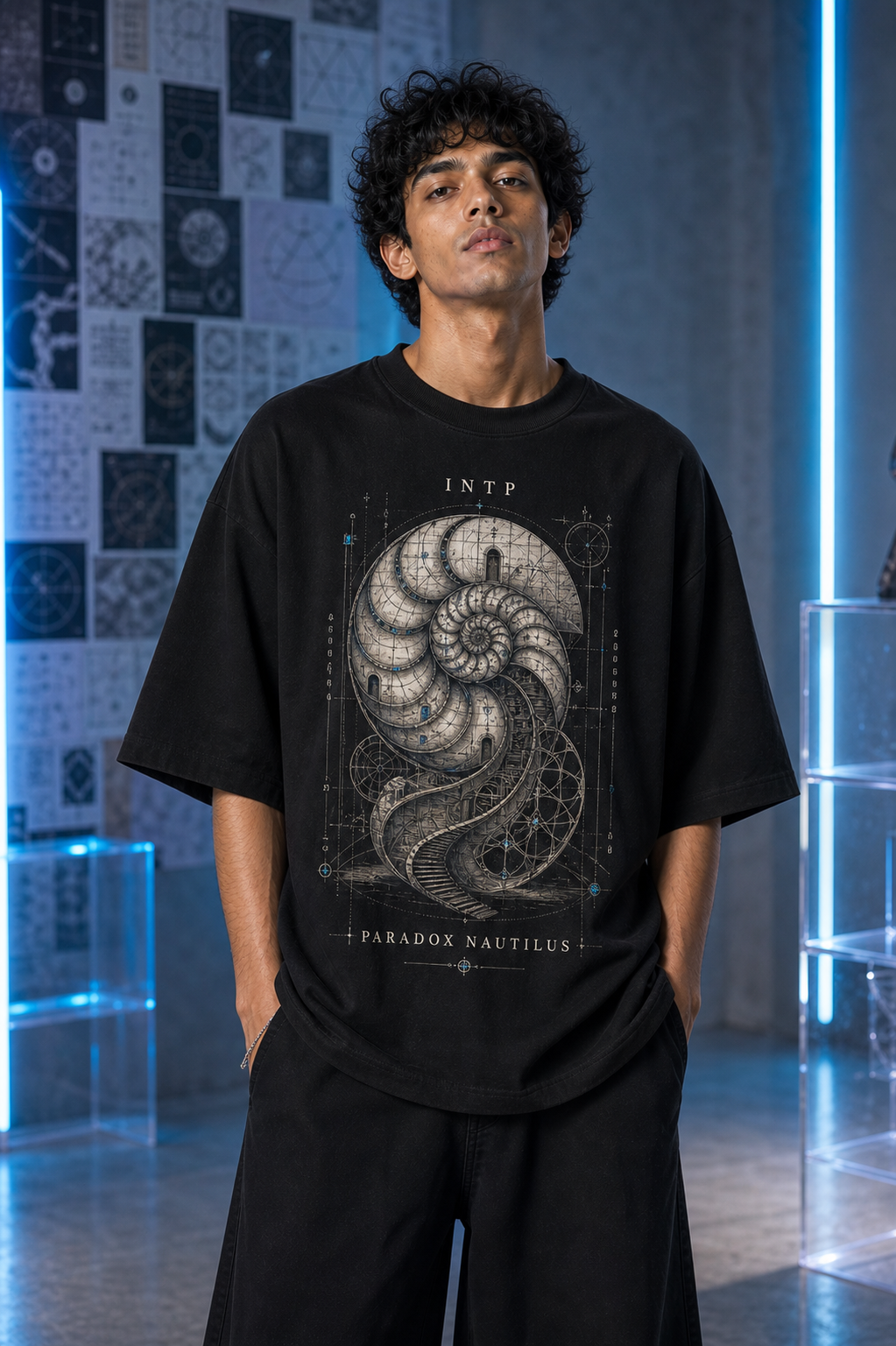 INTP Paradox Nautilus main front view in Black - oversized 240 GSM French Terry t-shirt