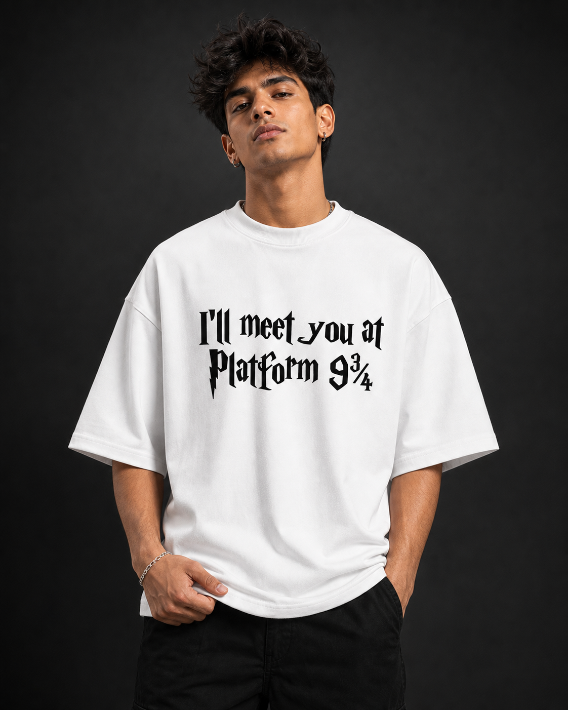 Platform Nine Three Quarters Unisex Oversized Tee in white - male model