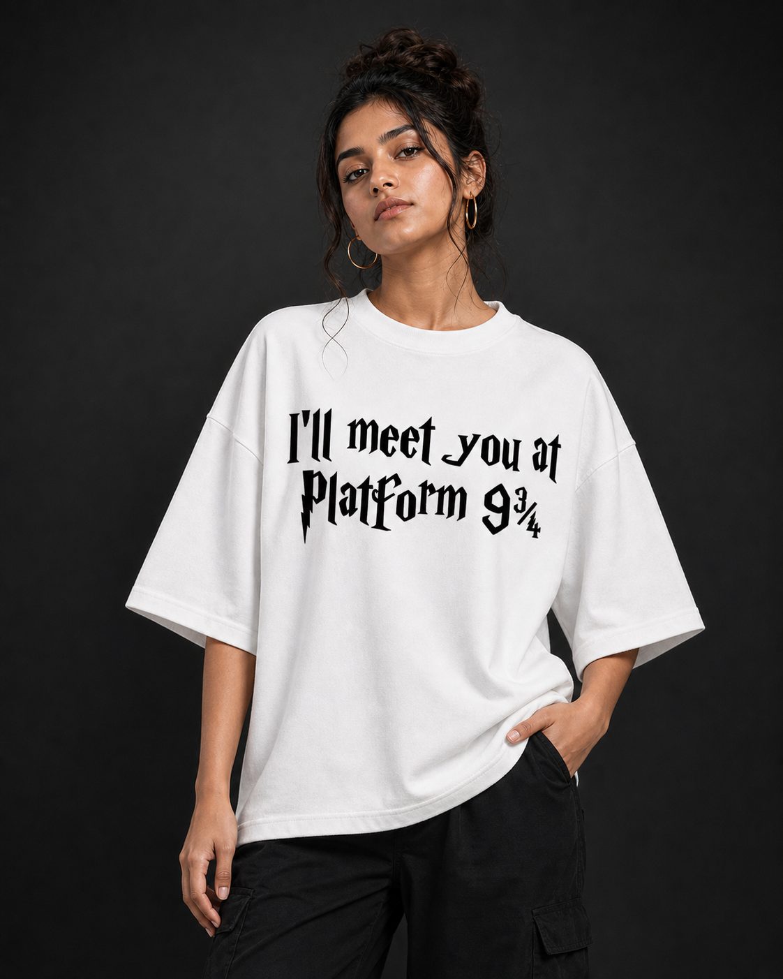 Platform Nine Three Quarters Unisex Oversized Tee in white - female model