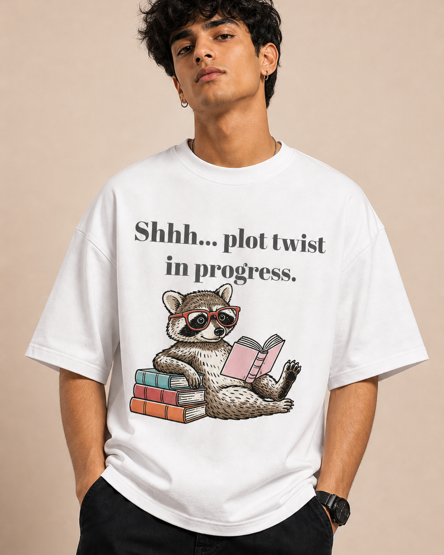 Plot Twist Reading Unisex Oversized Tee in white - male model