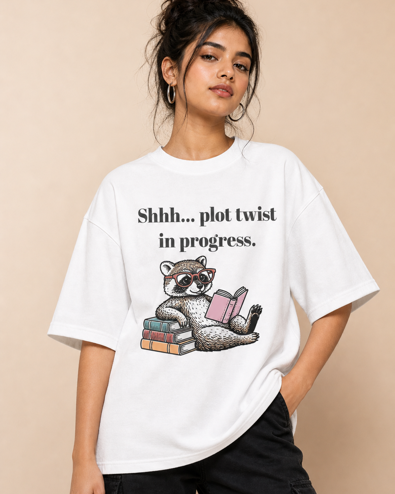 Plot Twist Reading Unisex Oversized Tee in white - female model