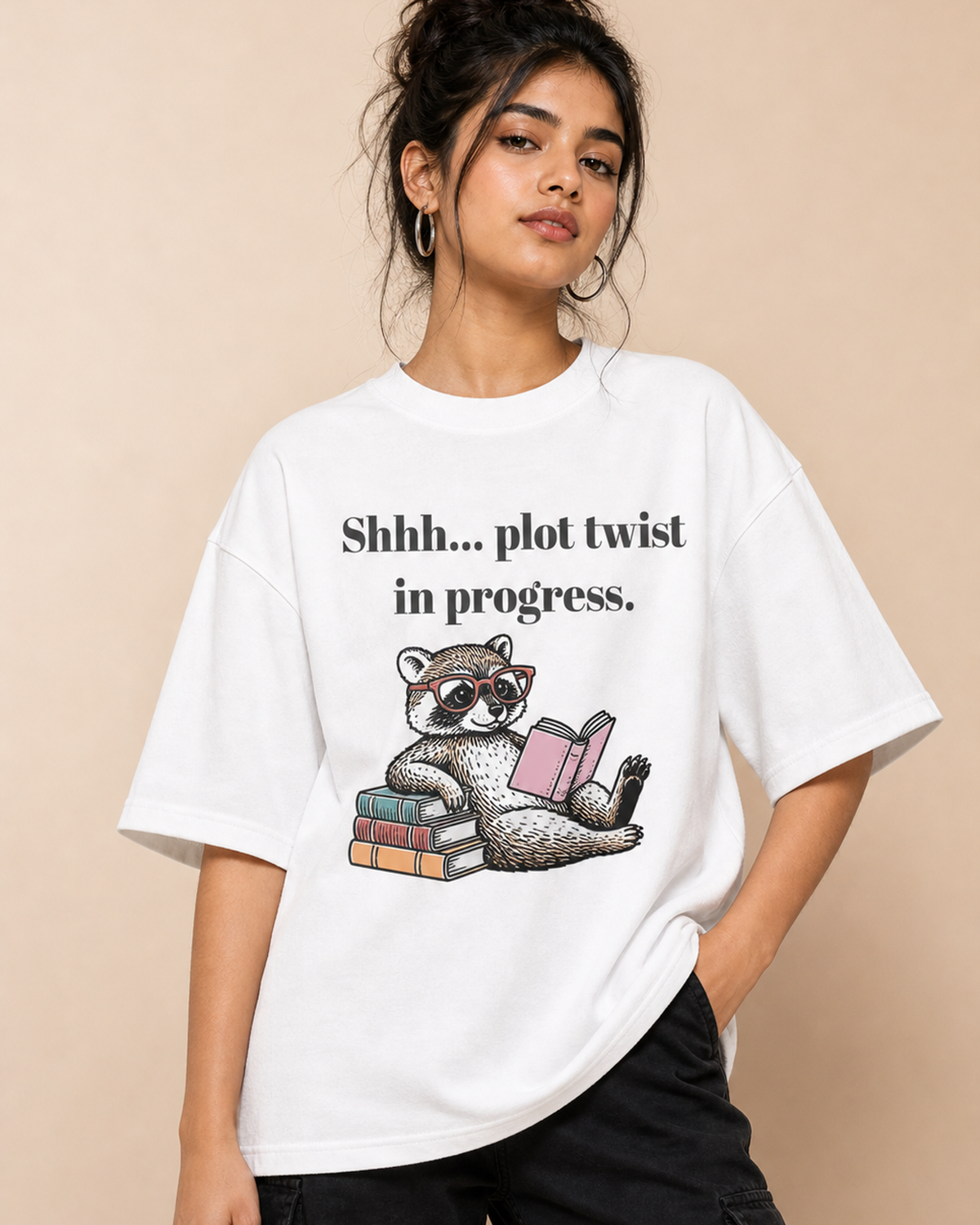 Plot Twist Reading Unisex Oversized Tee in white - female model