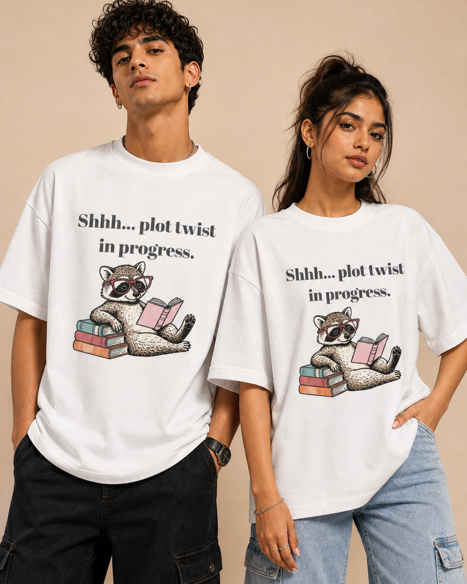 Plot Twist Reading Unisex Oversized Tee in white - couple