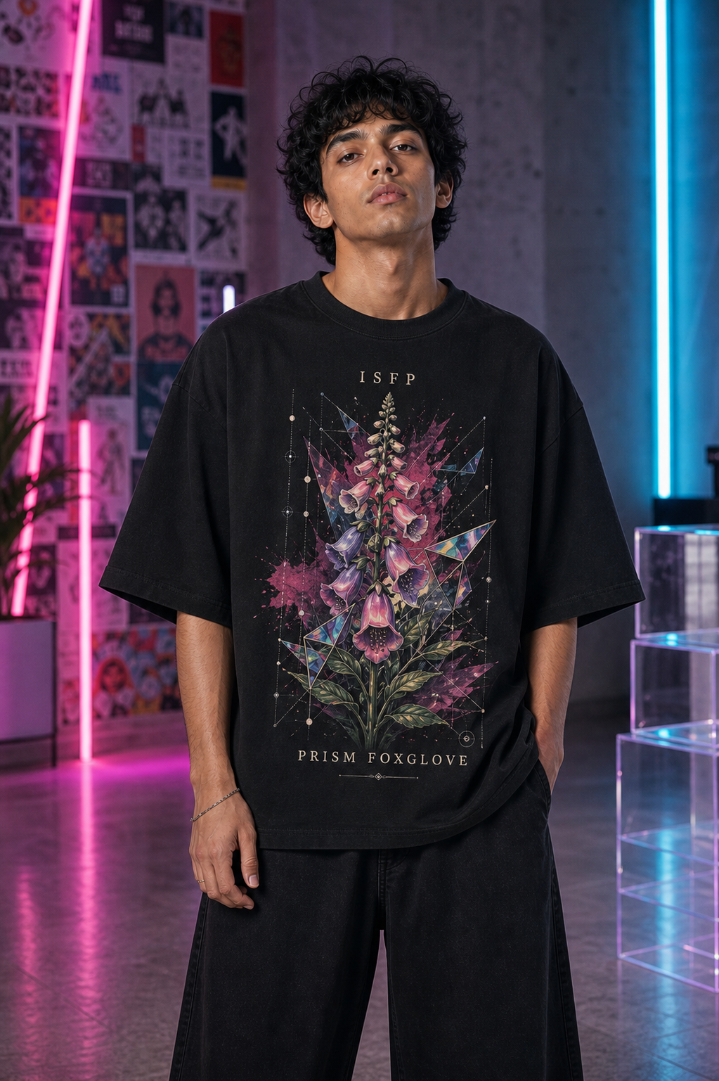 ISFP Prism Foxglove main front view in Black - oversized 240 GSM French Terry t-shirt