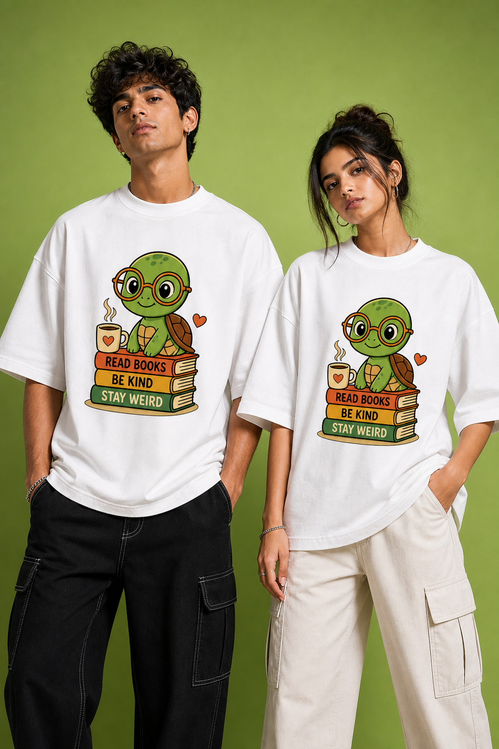 Read Books Be Kind Stay Weird Unisex Oversized Tee in white - couple