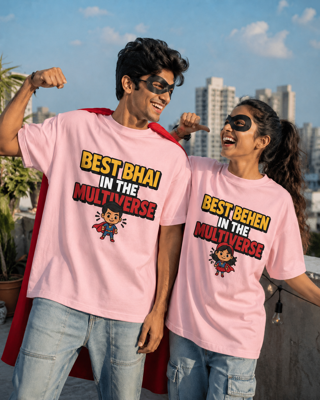 Best Bhai / Behen in the Multiverse Personalised Unisex T-Shirt - Oversized - Baby Pink & White - product gallery