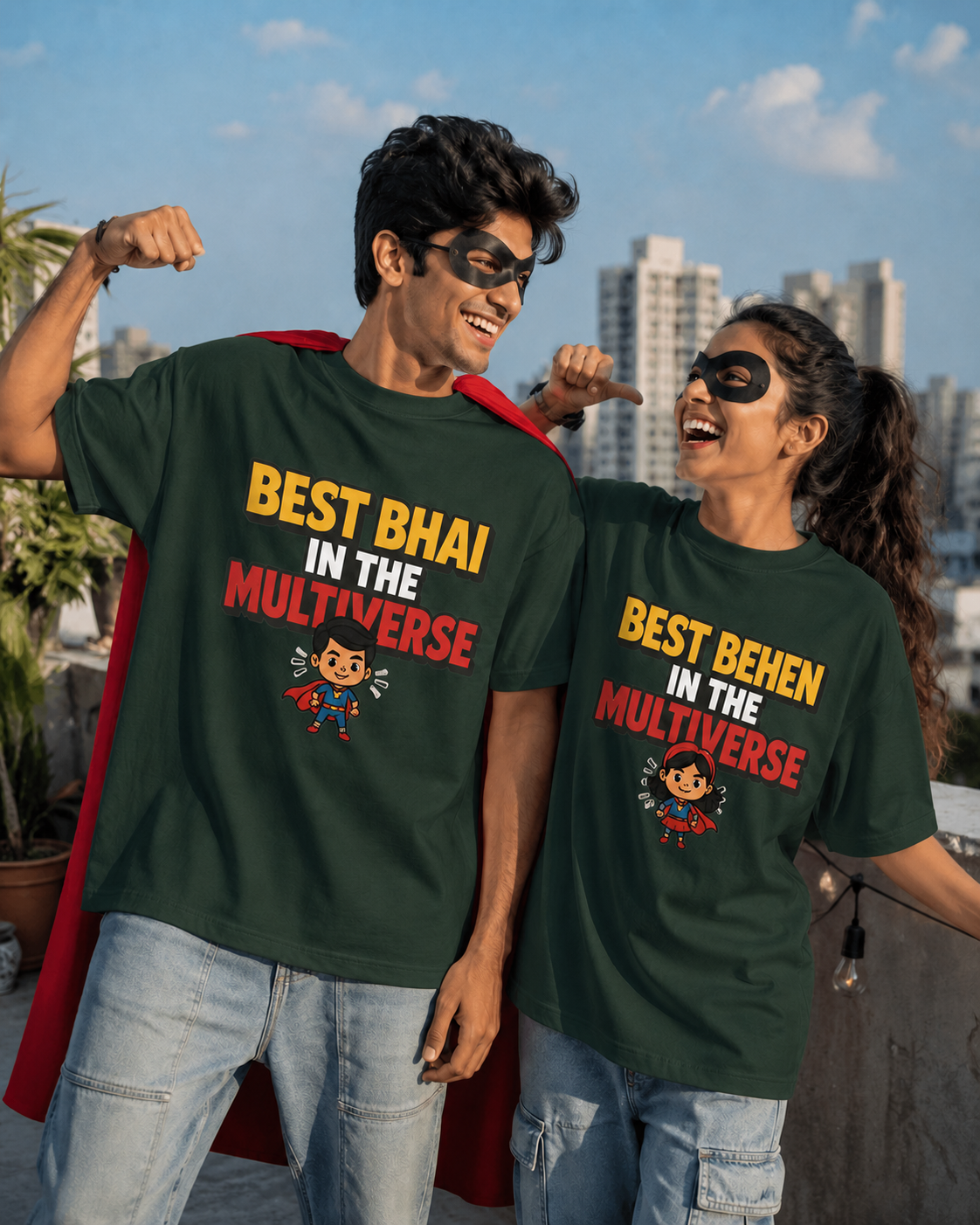 Best Bhai / Behen in the Multiverse Personalised Unisex T-Shirt - Oversized - Bottle Green & White - product gallery