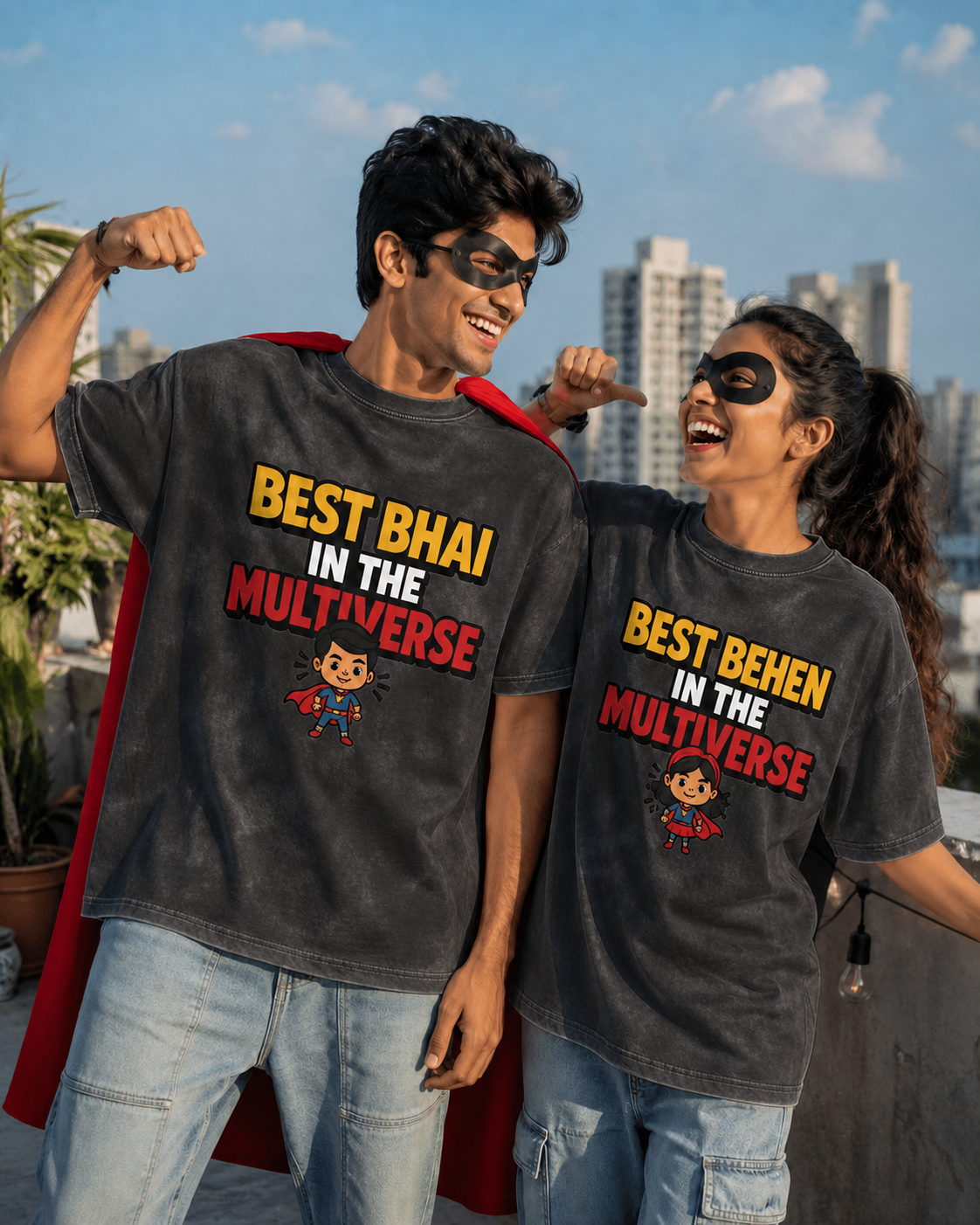 Best Bhai / Behen in the Multiverse Personalised Unisex T-Shirt - Oversized - Charcoal Acid Washed & White - product gallery