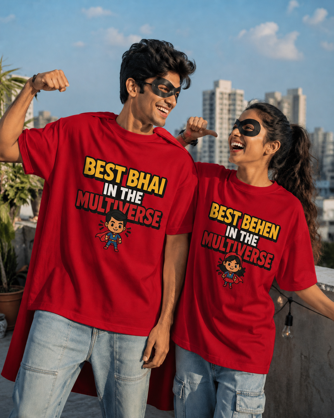 Best Bhai / Behen in the Multiverse Personalised Unisex T-Shirt - Oversized - Red & White - product gallery